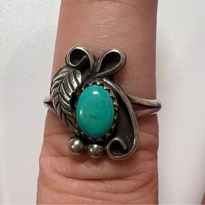 Vintage Turquoise Sterling Silver 925 Feather Ring, Size 6.75
